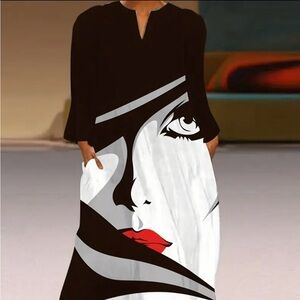 Plus Size Womens Maxi Dress - Fashionable Moon & Feather Print, Long Sleeve